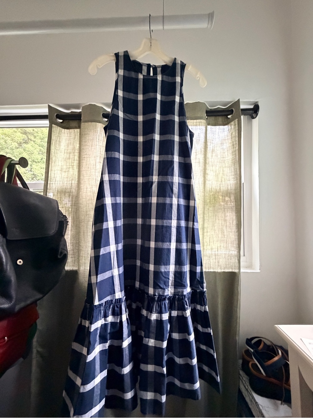 Chan Luu Navy and White Windowpane Maxi Dress with Pockets